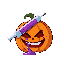 a syringe stabbed into a pumpkin, with purple liquid seeping out and the pumpkin’s face showing pain or a manic grin.