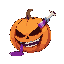a syringe stabbed into a pumpkin, with purple liquid seeping out and the pumpkin’s face showing pain or a manic grin.