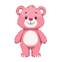 a cheerful, pink teddy bear with a round face, soft fur, and a white belly.