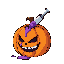 a syringe stabbed into a pumpkin, with purple liquid seeping out and the pumpkin’s face showing pain or a manic grin.