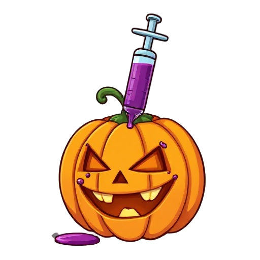 a syringe stabbed into a pumpkin, with purple liquid seeping out and the pumpkin’s face showing pain or a manic grin.