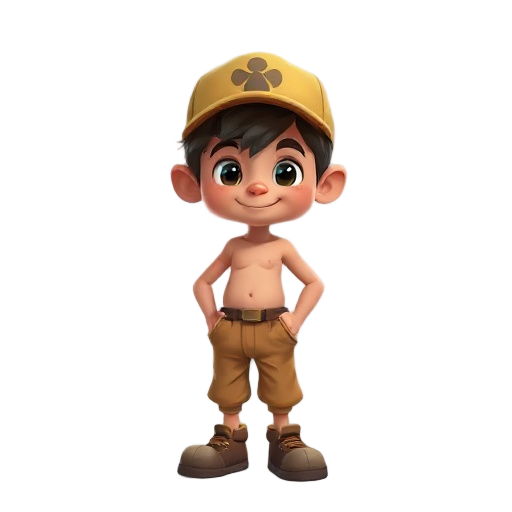 i want a jungle boy with cute big head and a cap no dress big shoe and a trouser 