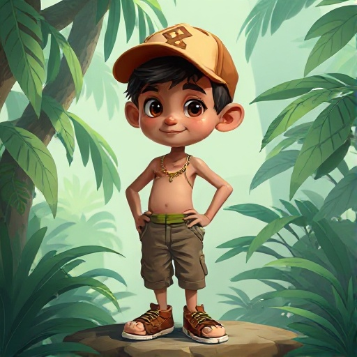 i want a jungle boy with cute big head and a cap no dress big shoe and a trouser 