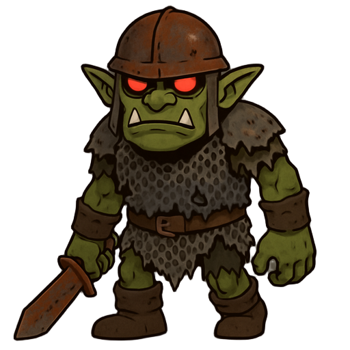 medieval orc, torn chainmail, rusted helmet, glowing red eyes, dragging sword