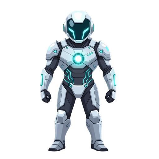 a sleek antivirus avatar for a rogue-like game. the character has polished white and chrome armor with integrated glowing cyan circuits. minimalist and elegant design, with a glowing energy core visible in the chest. no face is visible, just a smooth helm