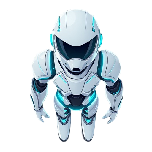 a sleek antivirus avatar for a rogue-like game. the character has polished white and chrome armor with integrated glowing cyan circuits. minimalist and elegant design, with a glowing energy core visible in the chest. no face is visible, just a smooth helm