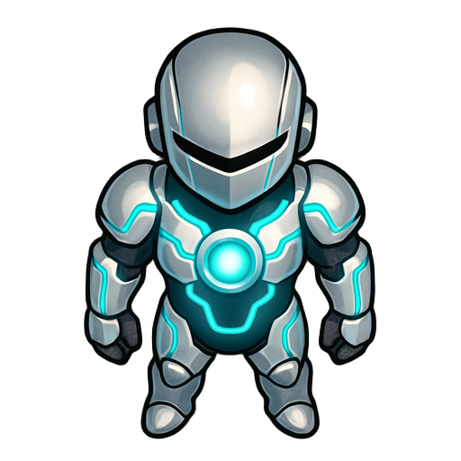 a sleek antivirus avatar for a rogue-like game. the character has polished white and chrome armor with integrated glowing cyan circuits. minimalist and elegant design, with a glowing energy core visible in the chest. no face is visible, just a smooth helm