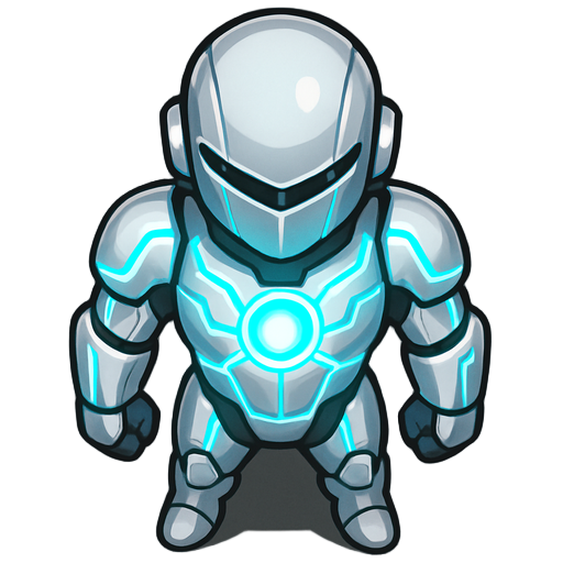 a sleek antivirus avatar for a rogue-like game. the character has polished white and chrome armor with integrated glowing cyan circuits. minimalist and elegant design, with a glowing energy core visible in the chest. no face is visible, just a smooth helm