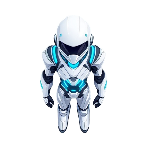 a sleek antivirus avatar for a rogue-like game. the character has polished white and chrome armor with integrated glowing cyan circuits. minimalist and elegant design, with a glowing energy core visible in the chest. no face is visible, just a smooth helm