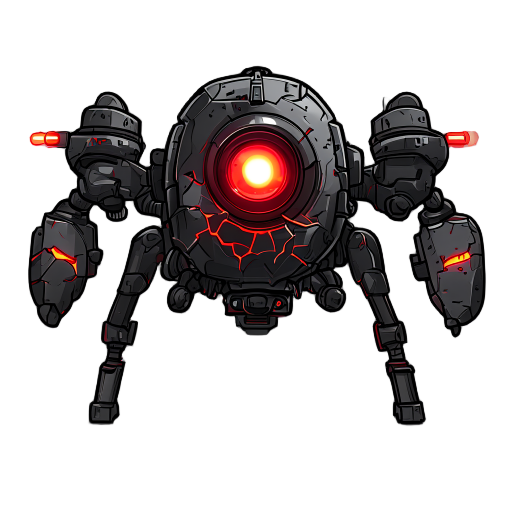 corrupted sentry drone for a rogue-like game. it has a dark, metallic chassis with glowing red cracks. a single, large optical lens in the center glows intensely, targeting the player. it looks like a rogue security program, agile and hostile