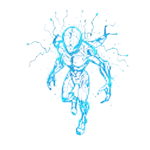 a heroic character made of pure data and energy. the body is semi-transparent and holographic, composed of flowing blue binary code and glitching particles. it has a vaguely humanoid shape but feels unstable and powerful. ethereal and technological