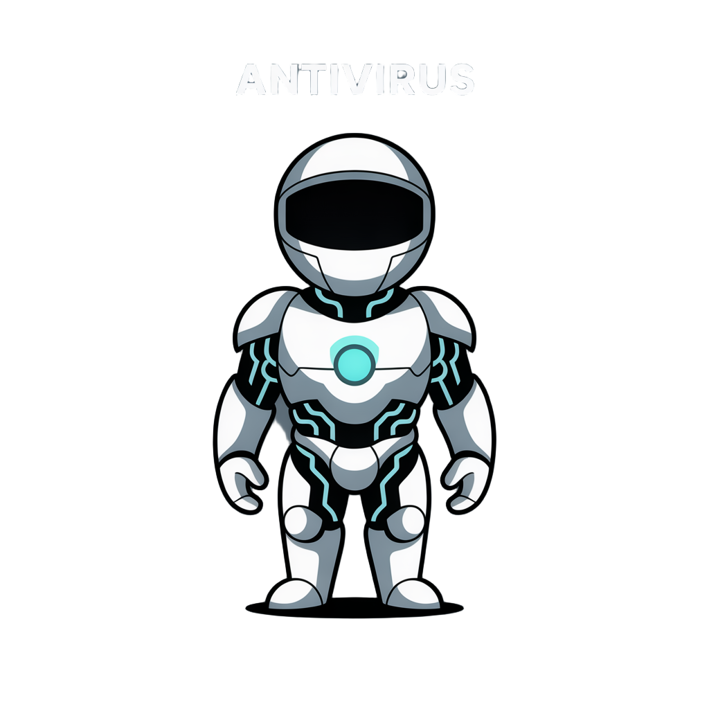 a sleek antivirus avatar for a rogue-like game. the character has polished white and chrome armor with integrated glowing cyan circuits. minimalist and elegant design, with a glowing energy core visible in the chest. no face is visible, just a smooth helm
