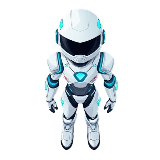 a sleek antivirus avatar for a rogue-like game. the character has polished white and chrome armor with integrated glowing cyan circuits. minimalist and elegant design, with a glowing energy core visible in the chest. no face is visible, just a smooth helm