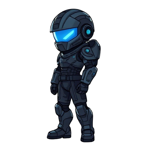 2d side view of a sci-fi soldier character, cyber armor, glowing blue visor, futuristic style