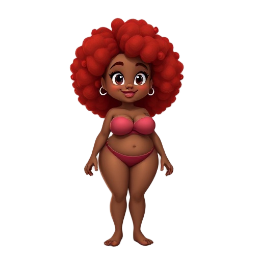 brown skin curvy woman with red curly afro hair with large breasts