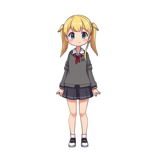 japanese student, long blonde pigtails, smirk on her face