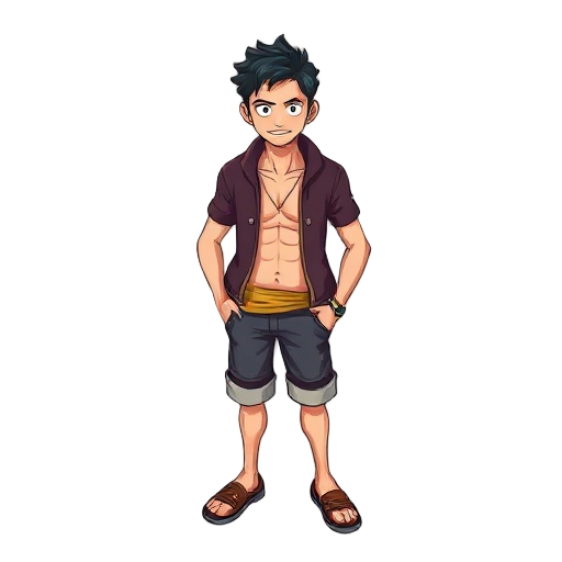 o personagem é um homem jovem, com uma aparência que remete ao estilo de arte de one piece, apresentando traços cartunizados e expressivos.  físico e aparência geral: ele possui uma estrutura corporal