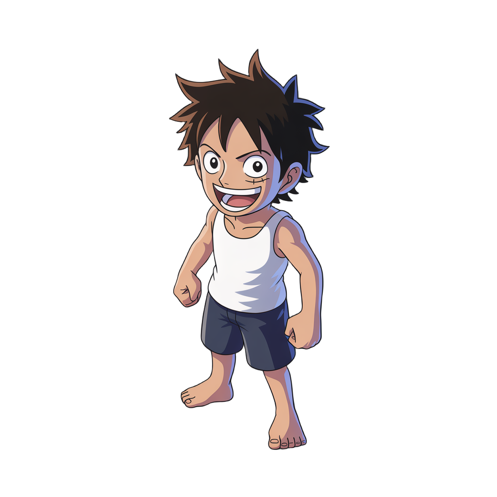 o personagem é um homem jovem, com uma aparência que remete ao estilo de arte de one piece, apresentando traços cartunizados e expressivos.  físico e aparência geral: ele possui uma estrutura corporal