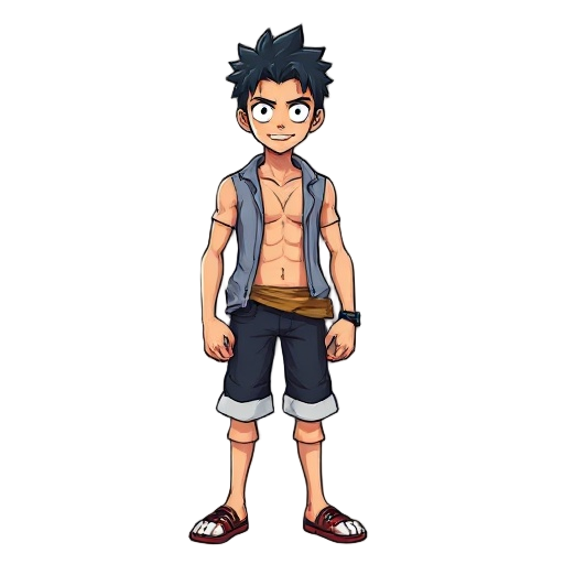 o personagem é um homem jovem, com uma aparência que remete ao estilo de arte de one piece, apresentando traços cartunizados e expressivos.  físico e aparência geral: ele possui uma estrutura corporal