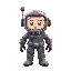 a person wearing a bulky grey diving suit with a colorful display in front of its face that displays a face.