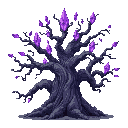 majestic fantasy tree with purple crystals and magic leafs, twisted branches, giving frightening magic vibe