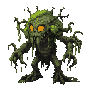 wamp-dwelling beast covered in moss, mud, and dripping algae. it has glowing yellow eyes, twisted roots for limbs, and emits toxic gas, creature looks ancient, with parts of decayed wood and bones