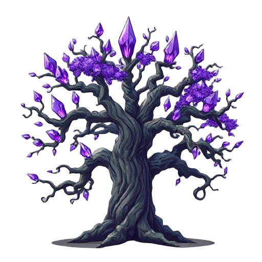 majestic fantasy tree with purple crystals and magic leafs, twisted branches, giving frightening magic vibe