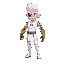  full body , conquest, white hair, white mustache, yellow eyes, scar_across_eye, white bodysuit, logo, belt, skirt, white pants, left golden grey prosthetic_arm , pixel art ,looking right , floating,