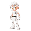 capcomvssnk, purpel background, full body , conquest, white hair, white mustache, yellow eyes, scar_across_eye, white bodysuit, logo, belt, skirt, white pants, pixel art ,looking right , white boots ,