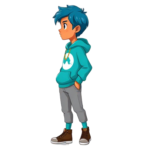 slim young with tan skin, subtle indigenous traits, chin-length blue hair. cyan hoodie with white moon print, gray joggers, teal socks, brown high-top sneakers, gold necklace. profile view, neutral pose, soft shadows, white background.