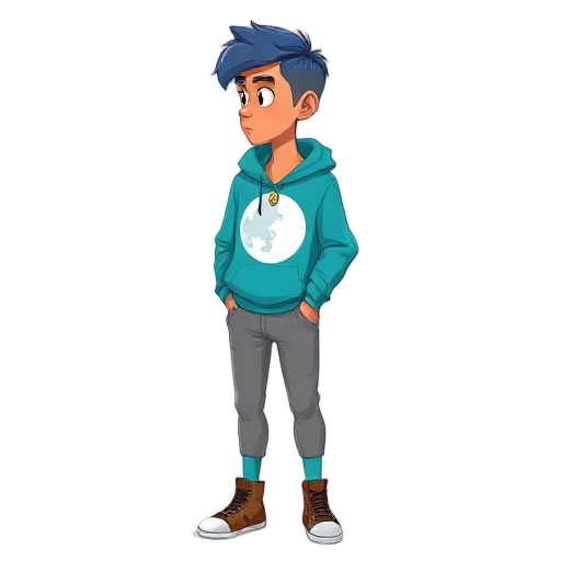 semi-realistic cartoon, slim young with tan skin, subtle indigenous traits, chin-length blue hair. cyan hoodie with white moon print, gray joggers, teal socks, brown high-top sneakers, gold necklace. profile view, neutral pose, soft shadows, white backgro