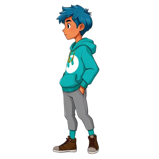 2d semi-realistic cartoon. slim young with tan skin, subtle indigenous traits, chin-length blue hair. cyan hoodie with white moon print, gray joggers, teal socks, brown high-top sneakers, gold necklace. profile view, neutral pose, soft shadows, white back