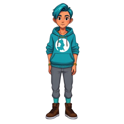 semi-realistic cartoon, slim young with tan skin, subtle indigenous traits, chin-length blue hair. cyan hoodie with white moon print, gray joggers, teal socks, brown high-top sneakers, gold necklace