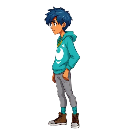 2d semi-realistic cartoon. slim young with tan skin, subtle indigenous traits, chin-length blue hair. cyan hoodie with white moon print, gray joggers, teal socks, brown high-top sneakers, gold necklace. profile view, neutral pose, soft shadows, white back