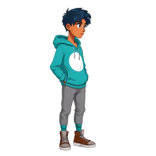 2d semi-realistic cartoon. slim young with tan skin, subtle indigenous traits, chin-length blue hair. cyan hoodie with white moon print, gray joggers, teal socks, brown high-top sneakers, gold necklace. profile view, neutral pose, soft shadows, white back