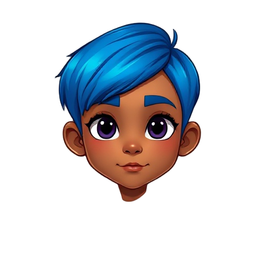 stylized 2d digital art character, semi-realistic cartoon style. young with a slim build and slightly elongated proportions, short straight hair cut at chin length, vibrant blue color. light brown (tan) skin with subtle indigenous facial features (defined