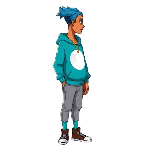2d semi-realistic cartoon. slim young with tan skin, subtle indigenous traits, chin-length blue hair. cyan hoodie with white moon print, gray joggers, teal socks, brown high-top sneakers, gold necklace. profile view, neutral pose, soft shadows