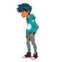 2d semi-realistic cartoon. slim young with tan skin, subtle indigenous traits, chin-length blue hair. cyan hoodie with white moon print, gray joggers, teal socks, brown high-top sneakers, gold necklace. profile view, neutral pose, soft shadows, white back