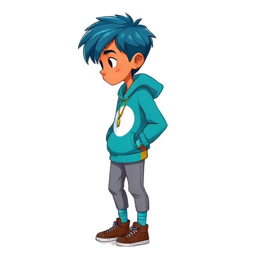 2d semi-realistic cartoon. slim young with tan skin, subtle indigenous traits, chin-length blue hair. cyan hoodie with white moon print, gray joggers, teal socks, brown high-top sneakers, gold necklace. profile view, neutral pose, soft shadows, white back