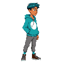 2d semi-realistic cartoon. slim young with tan skin, subtle indigenous traits, chin-length blue hair. cyan hoodie with white moon print, gray joggers, teal socks, brown high-top sneakers, gold necklace. profile view, neutral pose, soft shadows, white back