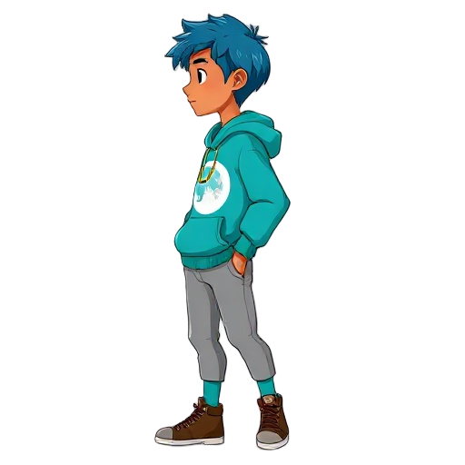 2d semi-realistic cartoon. slim young with tan skin, subtle indigenous traits, chin-length blue hair. cyan hoodie with white moon print, gray joggers, teal socks, brown high-top sneakers, gold necklace. profile view, neutral pose, soft shadows, white back