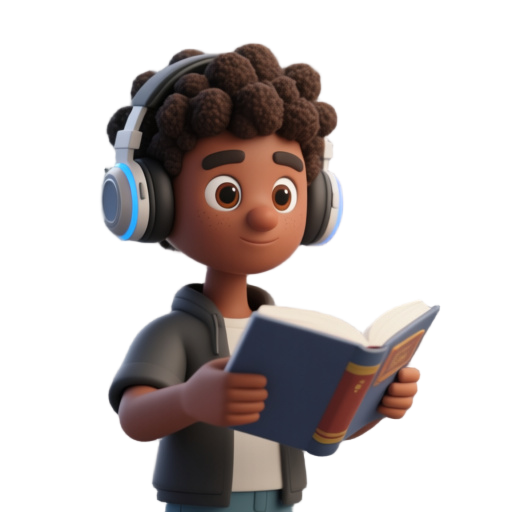 pessoa usando um headset com cabelo afro olhos ver,elho e roupa stret segurando um livro aberto o livro