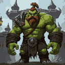 a highly detailed concept art of gäurog, a towering, muscular green-skinned orc warrior with a youthful yet battle-hardened appearance, standing at the gates of orgrimmar. he has a topknot hairstyle a
