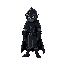 intimidating dark paladin rotated 45 degrees towards the screen with a black helmet and a black cloak