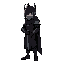intimidating dark paladin rotated 45 degrees towards the screen left side side with a black helmet and a black cloak