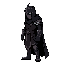 intimidating dark paladin rotated 45 degrees towards the screen right side side with a black helmet and a black cloak