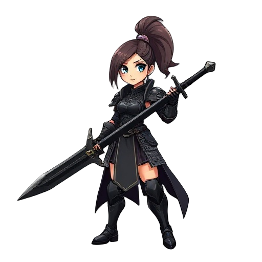 female warrior with a big black sword, air in a high ponytail, black heavy armor