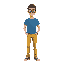 a man with 3d glass, a t shirt blue and a jean yellow 