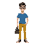 a man with 3d glass, a t shirt blue and a jean yellow yeux marrons, et basket noir
