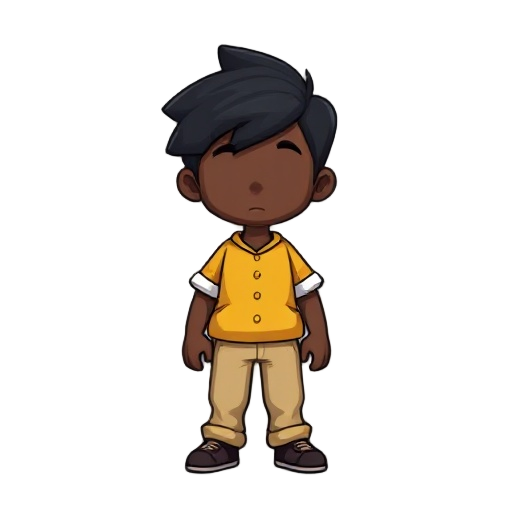 a faceless character with dark skin with black hair, a yellow shirt with white sleeves and beige pants